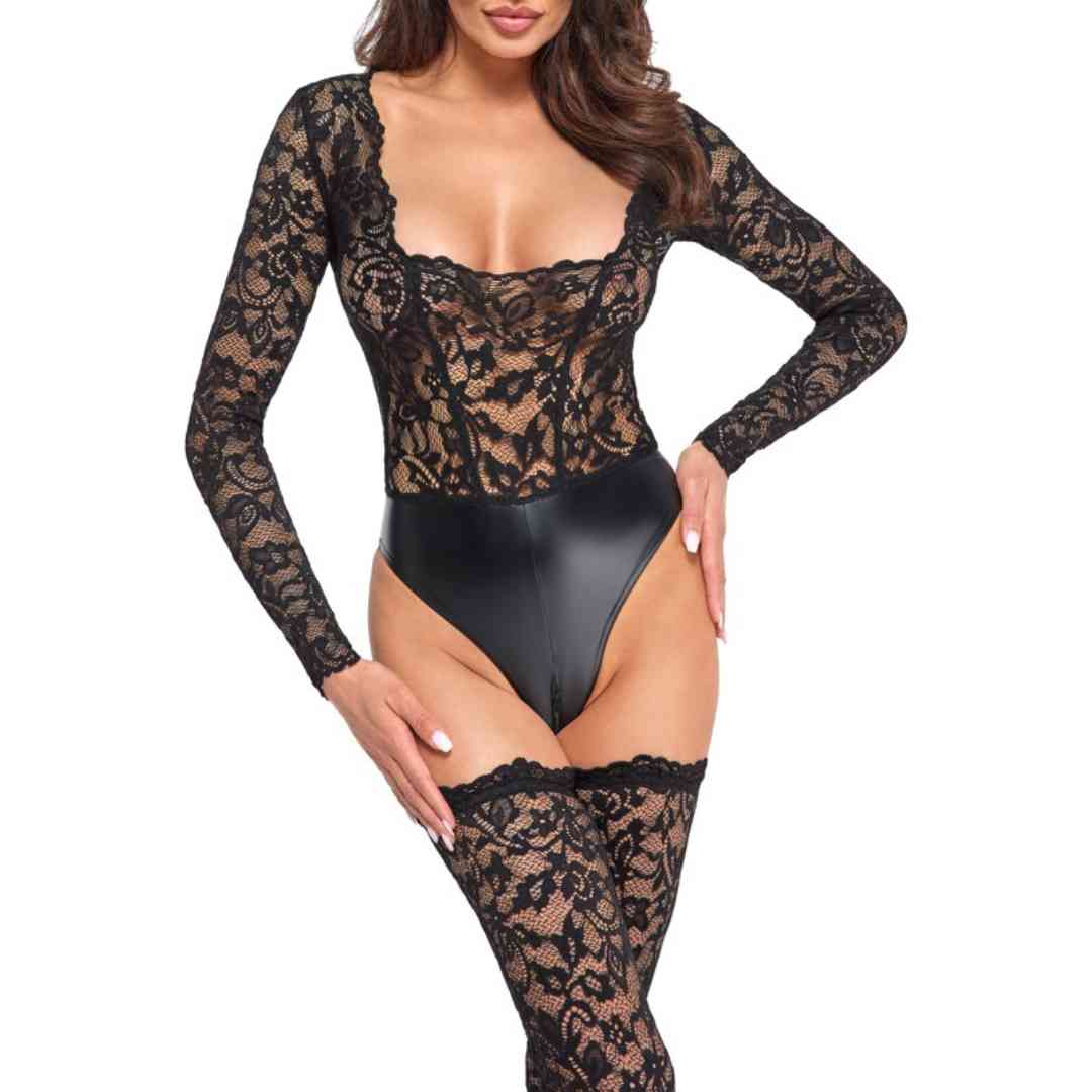 Langarm-Body aus Spitze mit Wetlook-Slip