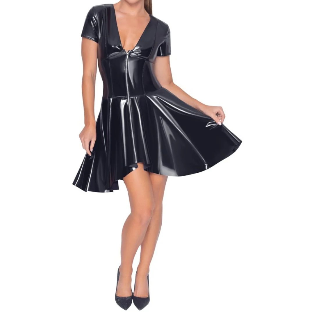 Halbarm-Kleid aus Lack mit Vokuhila Rock, XL - SALE