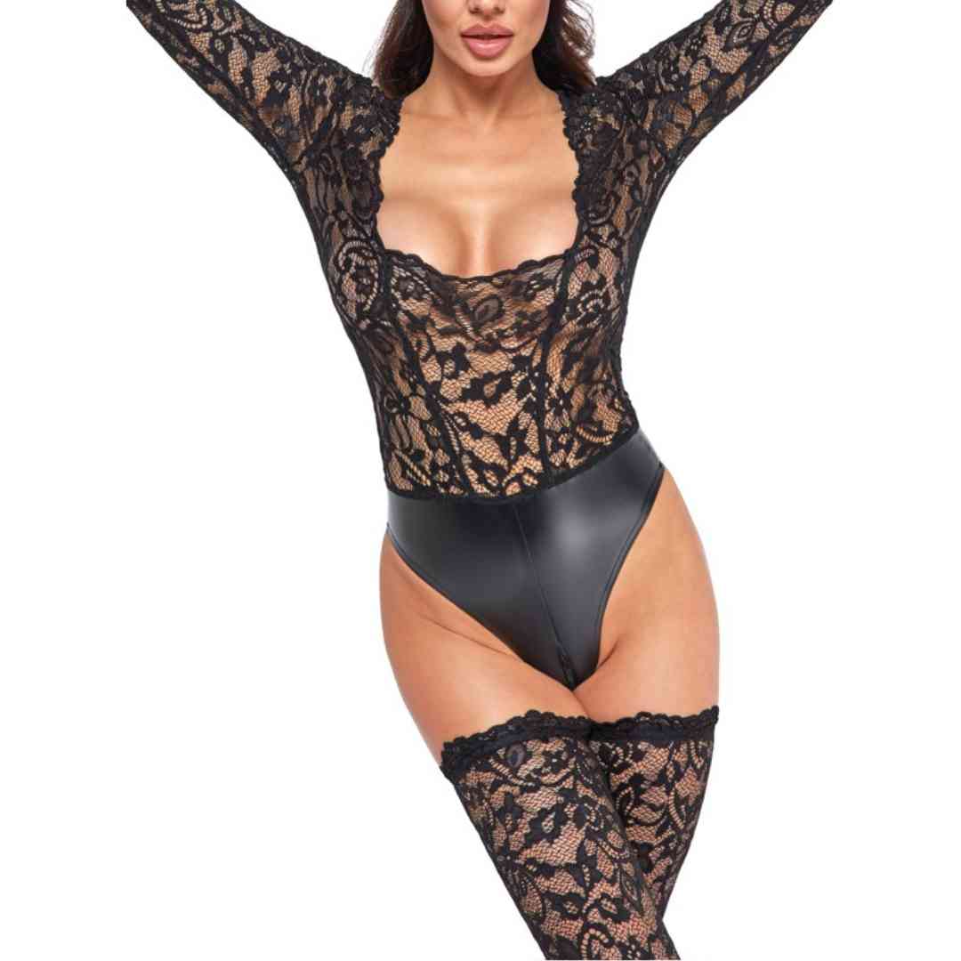 Langarm-Body aus Spitze mit Wetlook-Slip