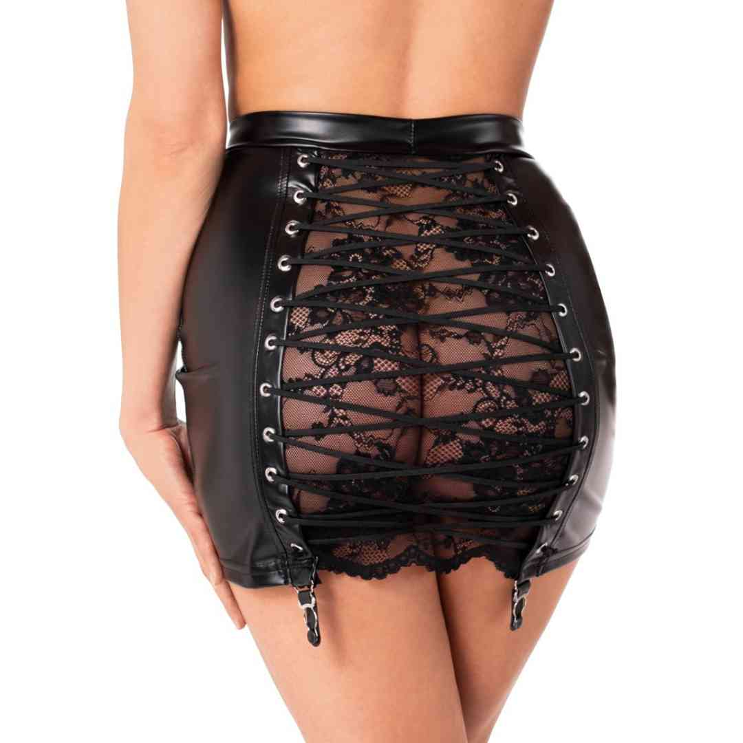 Minirock im Powerwetlook mit Spitzeneinsatz hinten, XL - SALE