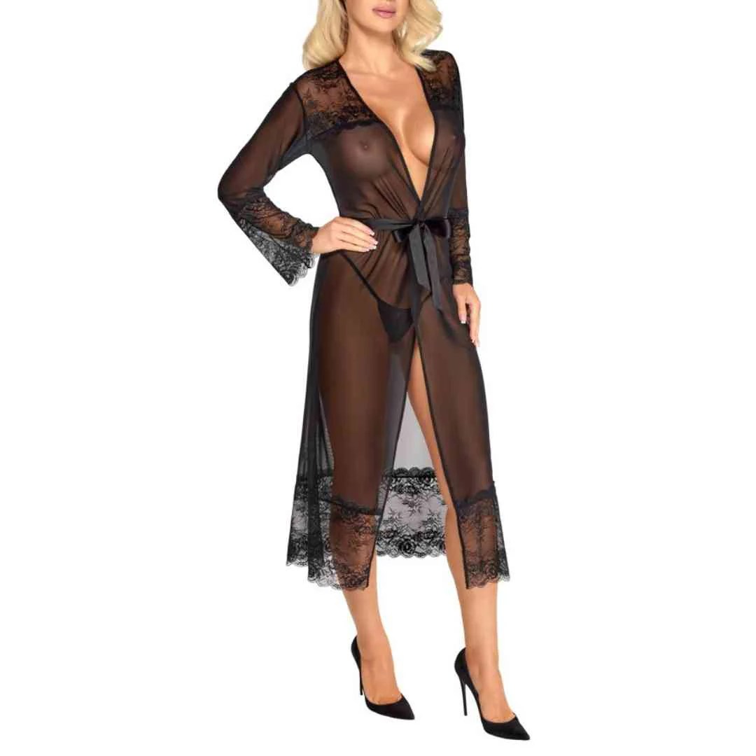 Langer Kimono aus Powernet und Spitze