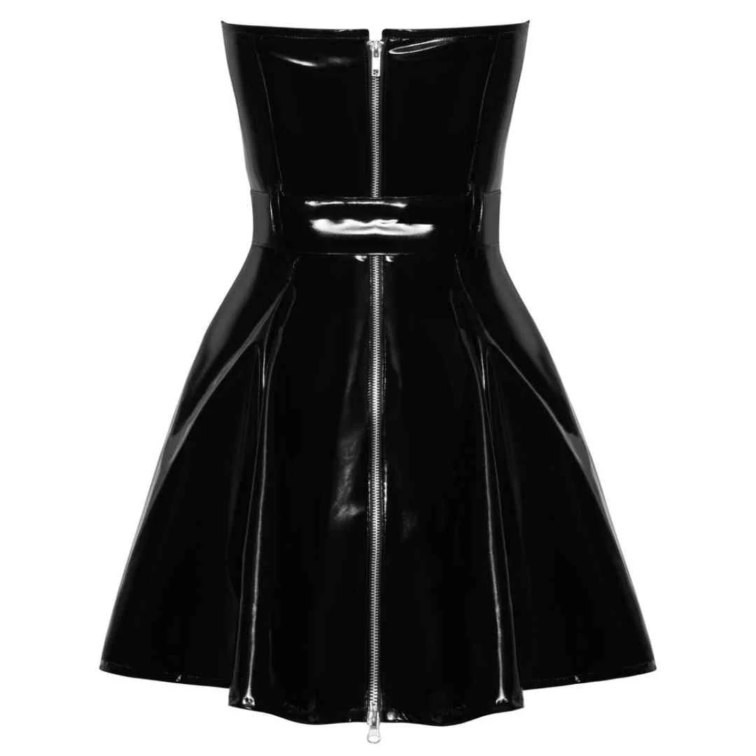 Trägerloses Lack-Minikleid mit Gürtel