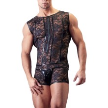 Ärmelloser Body aus Spitze mit Wetlook-Streifen und Reißverschluss Ärmelloser Body aus Spitze mit Wetlook-Streifen und Reißverschluss