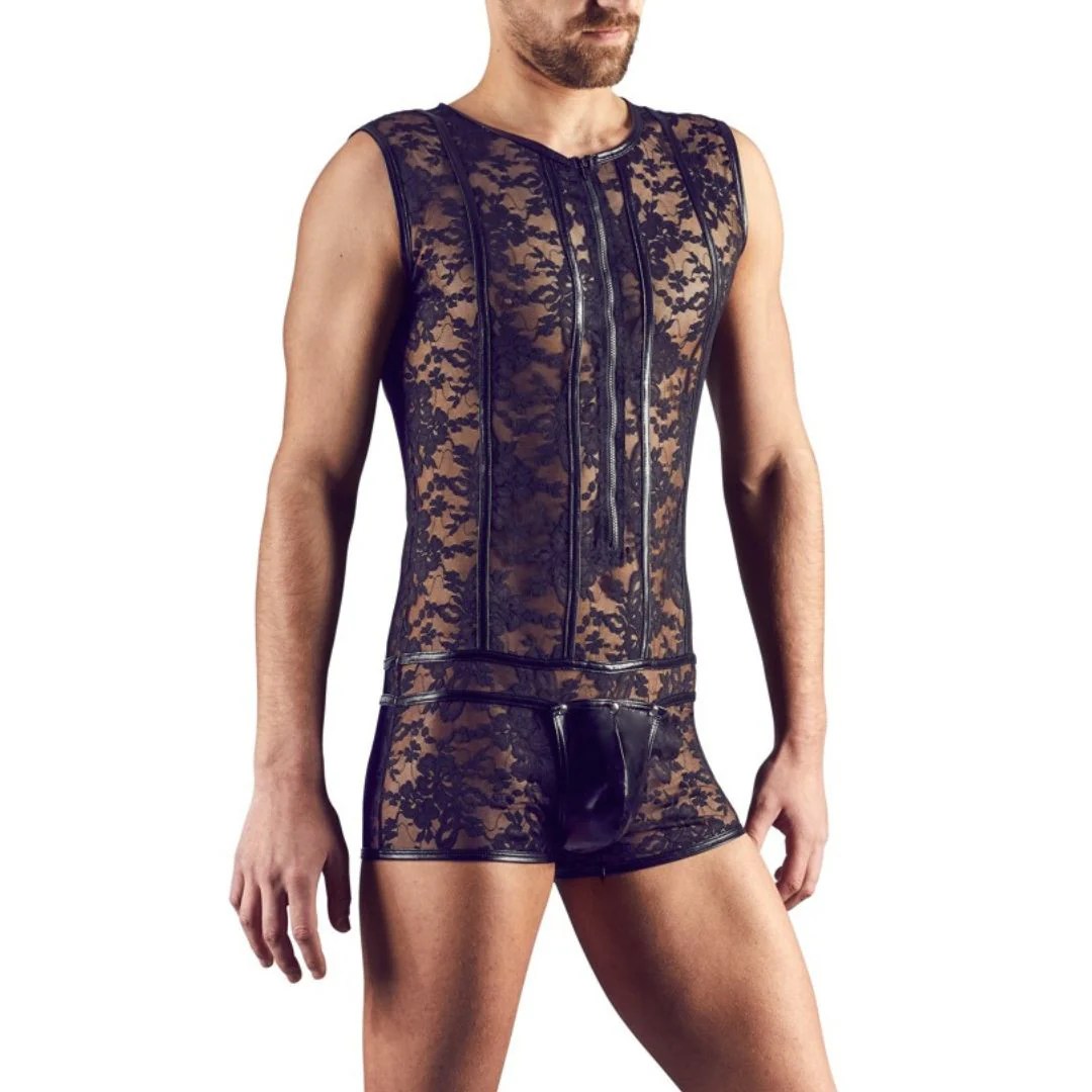 Ärmelloser Body aus Spitze mit Wetlook-Streifen und Reißverschluss