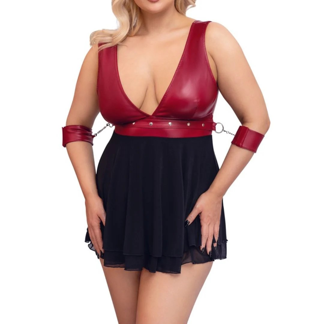 Babydoll im Mix aus Mattlook und Powernet mit Armfesseln, XL - SALE