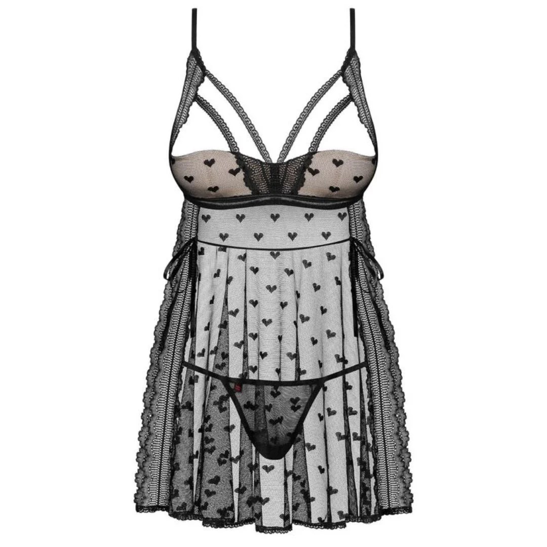 Babydoll mit offenen Cups und Herzchen-Motiv plus Tanga
