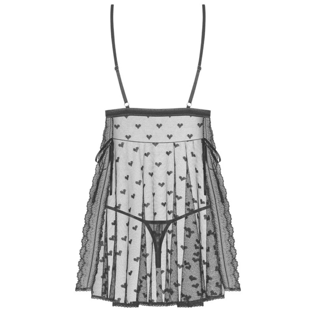 Babydoll mit offenen Cups und Herzchen-Motiv plus Tanga