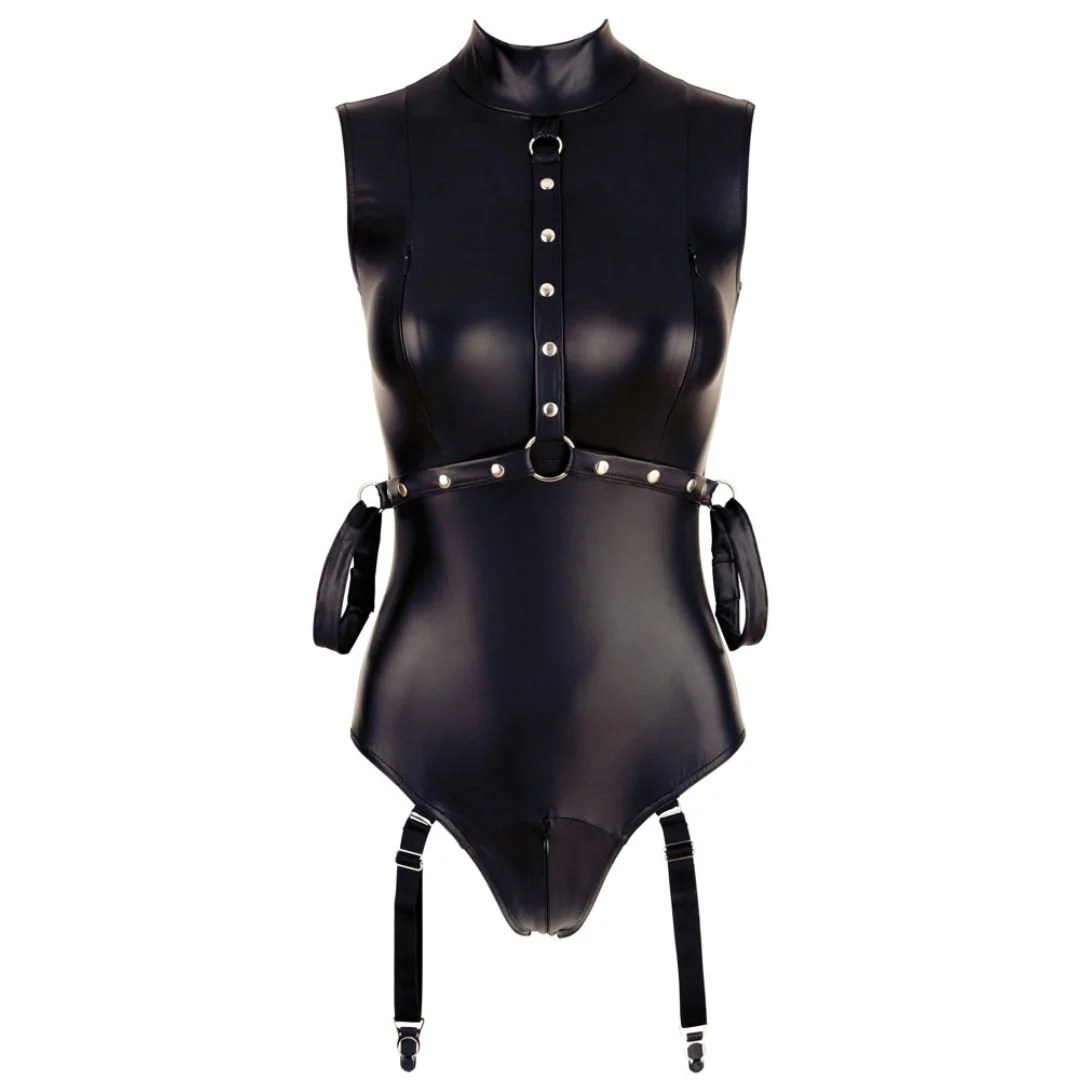 Strapsbody im Wetlook mit offenem Schritt und Armfesseln
