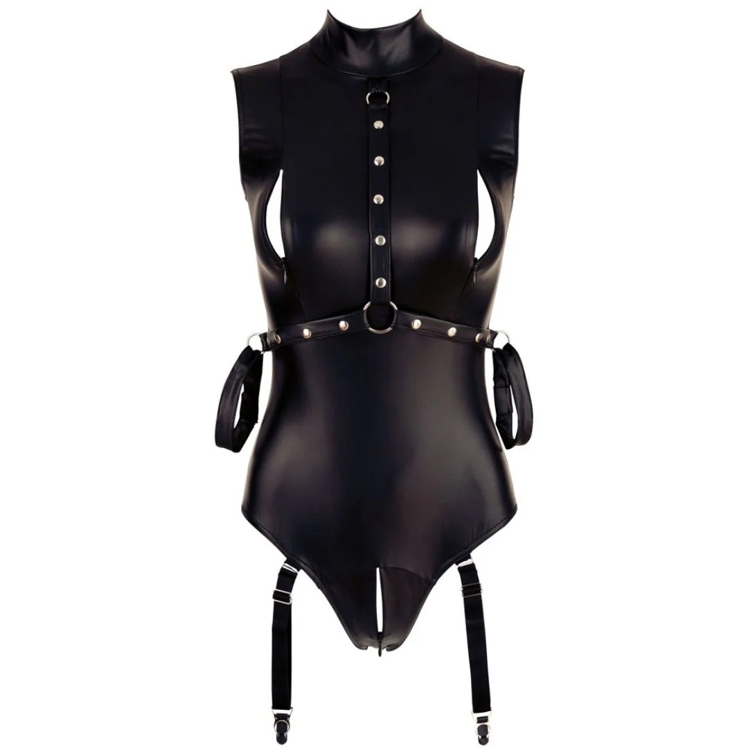 Strapsbody im Wetlook mit offenem Schritt und Armfesseln