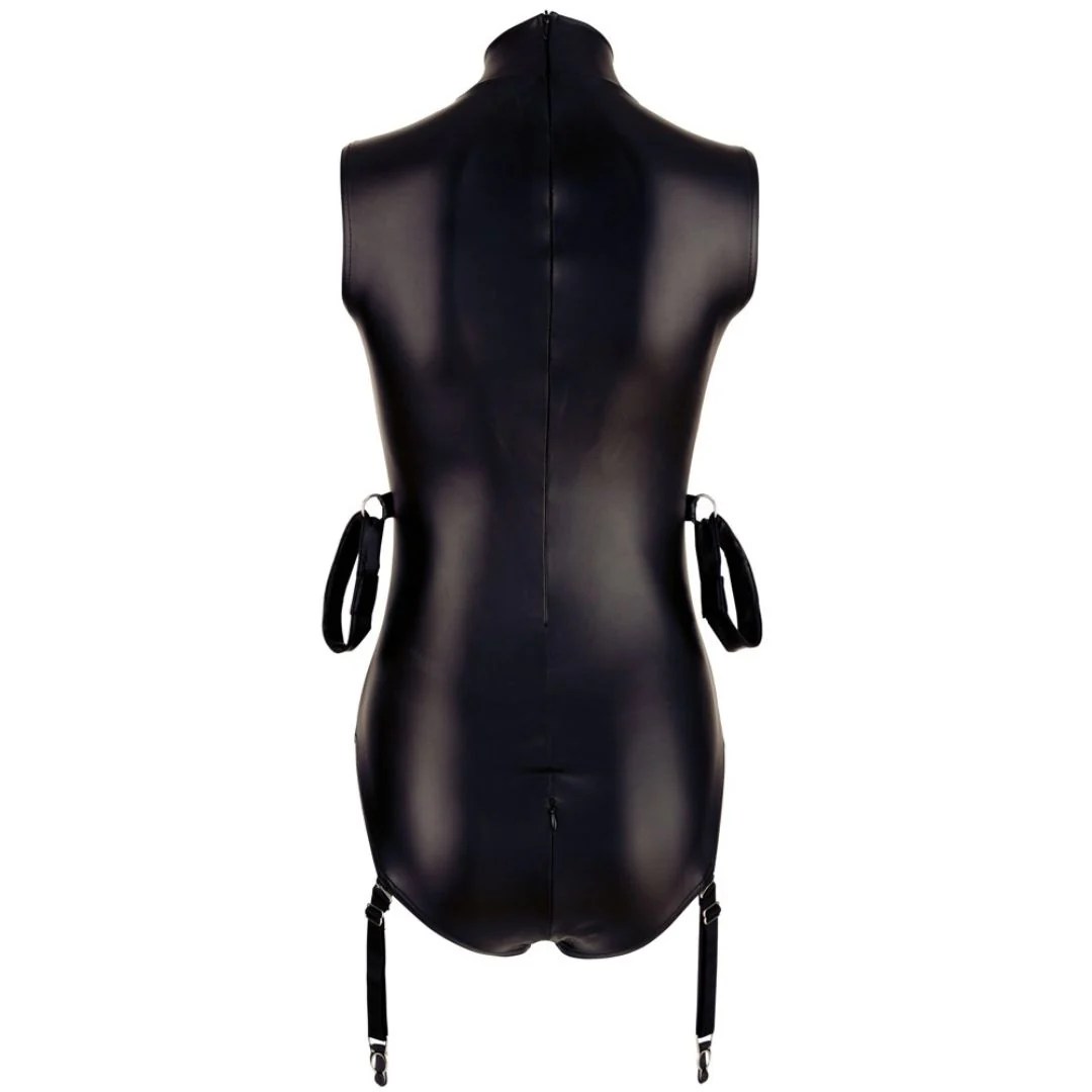 Strapsbody im Wetlook mit offenem Schritt und Armfesseln