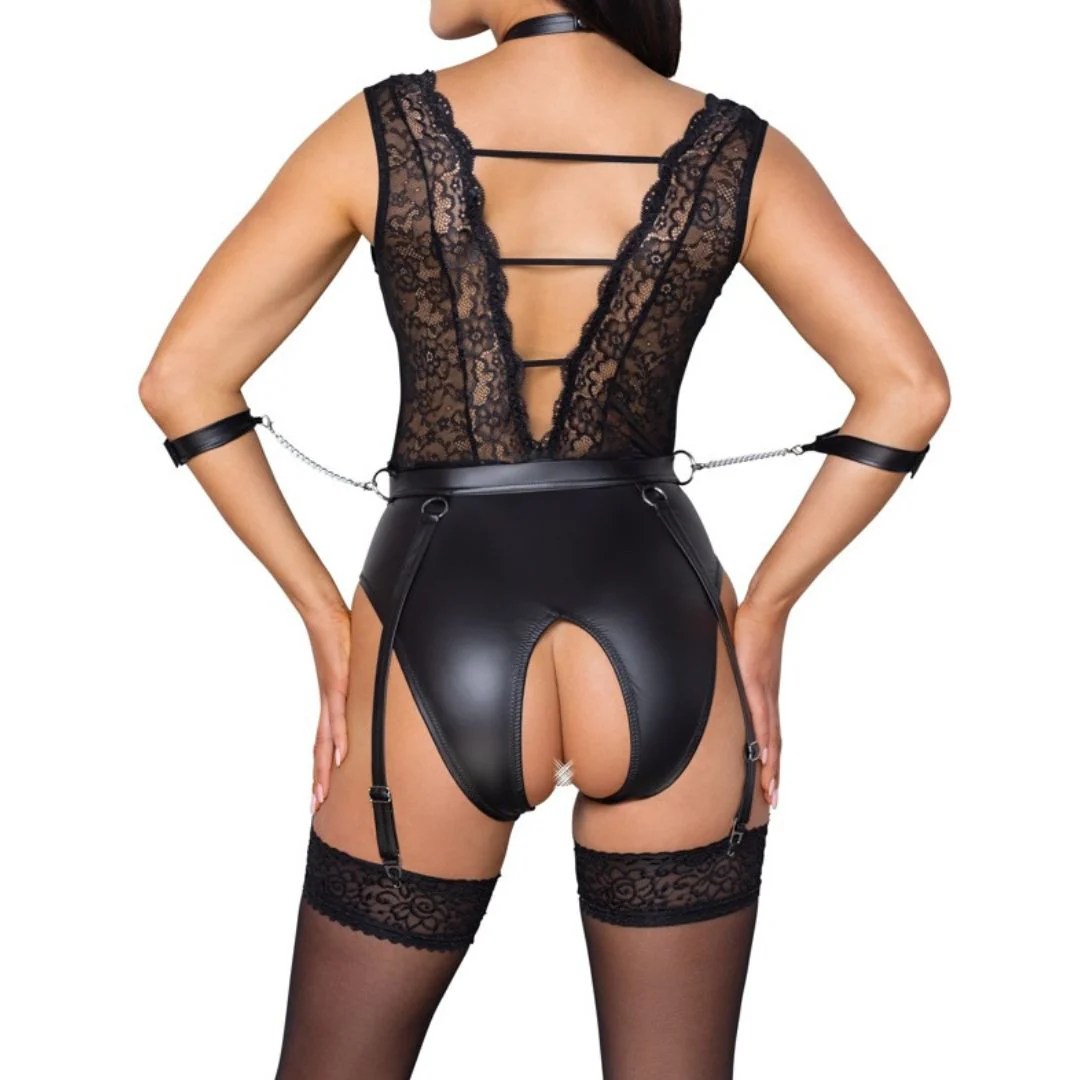 Strapsbody ouvert im Mattlook mit Spitze plus Armfesseln