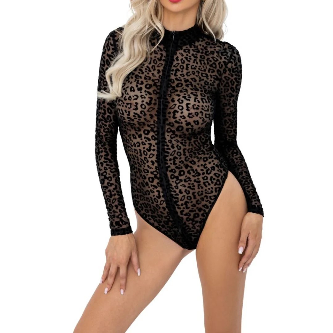 Langarm Stringbody Ouvert mit Leo-Samtflockprint