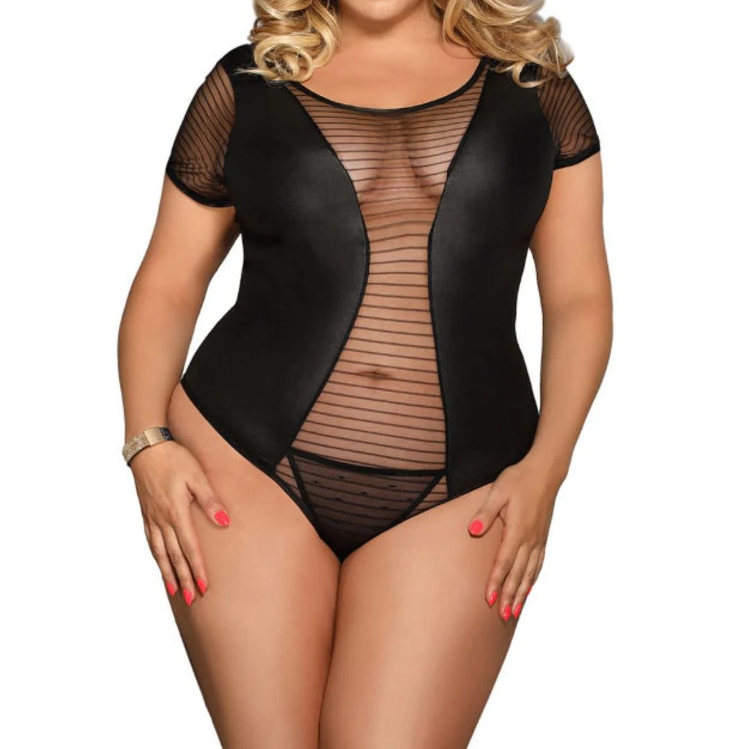 Kurzarm Wetlook Stringbody mit transparenten Einsätzen