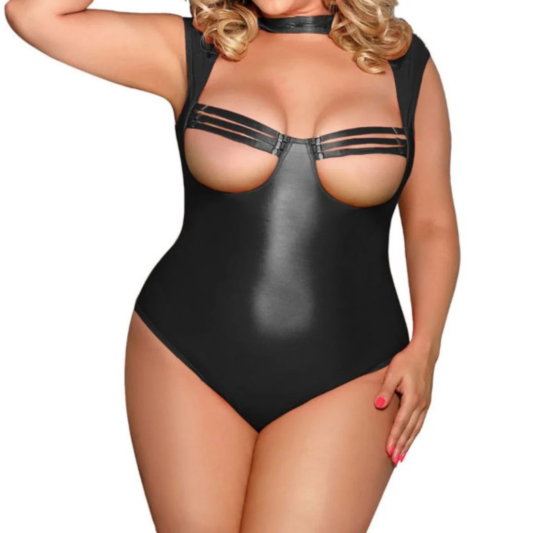 Body im Wetlook mit offenen Cups und Halsband