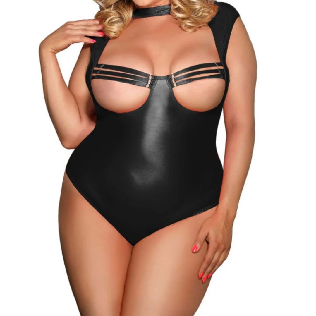 Body im Wetlook mit offenen Cups und Halsband