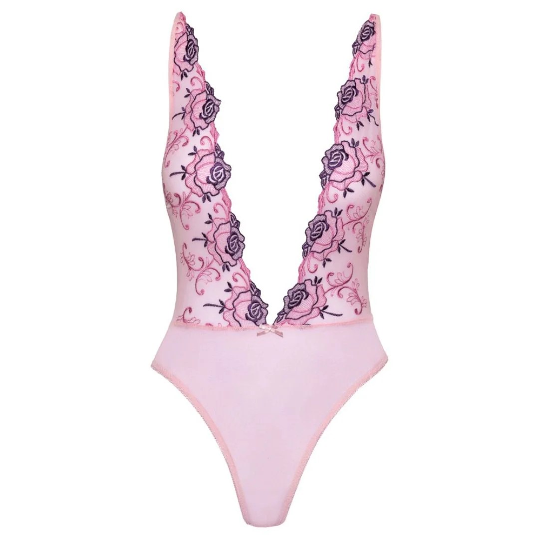 Stringbody mit V-Ausschnitt und floraler Stickerei