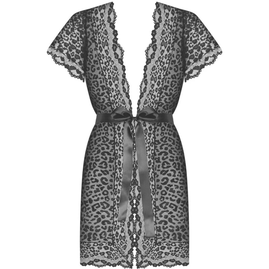 Kurzer Peignoir aus Spitze mit Samt-Leoparden-Print-Muster