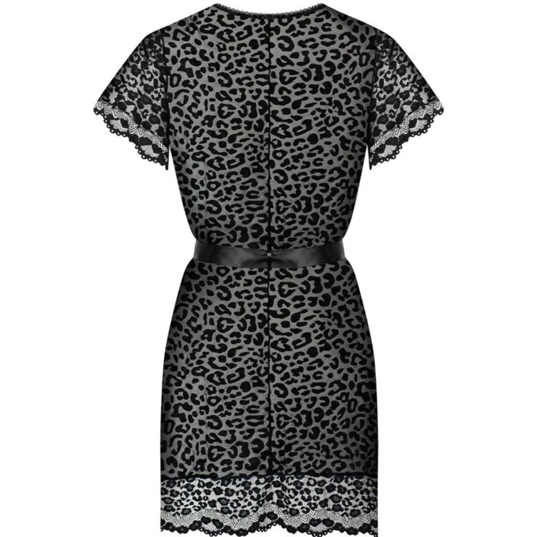 Kurzer Peignoir aus Spitze mit Samt-Leoparden-Print-Muster