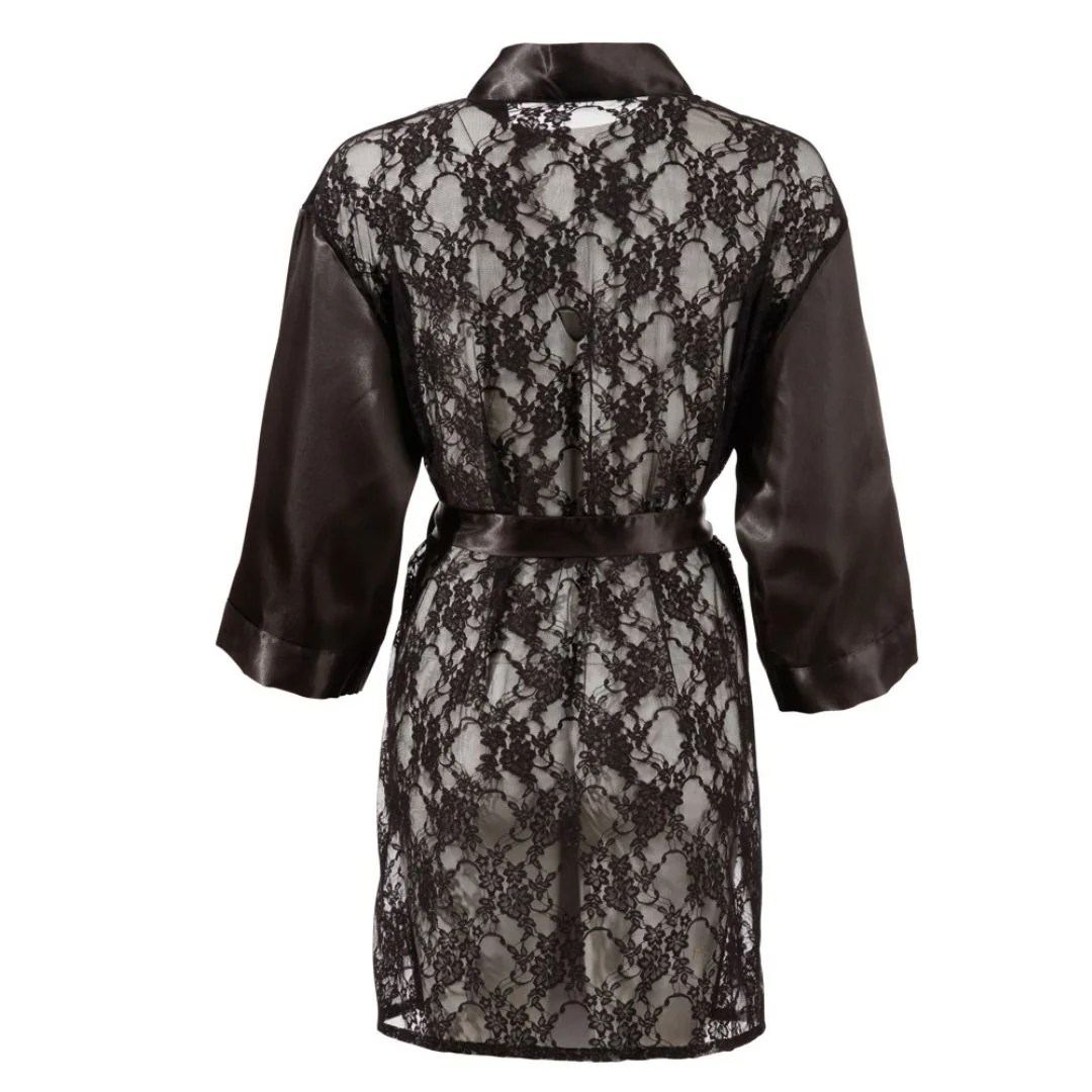Kimono aus Satin und semitransparenter Blütenspitze