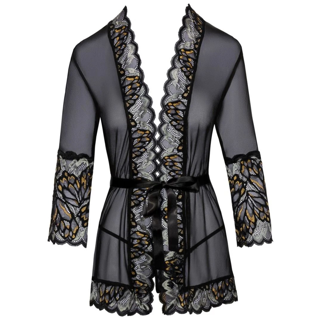 Kurzer Kimono mit Effektpitze und Satingürtel
