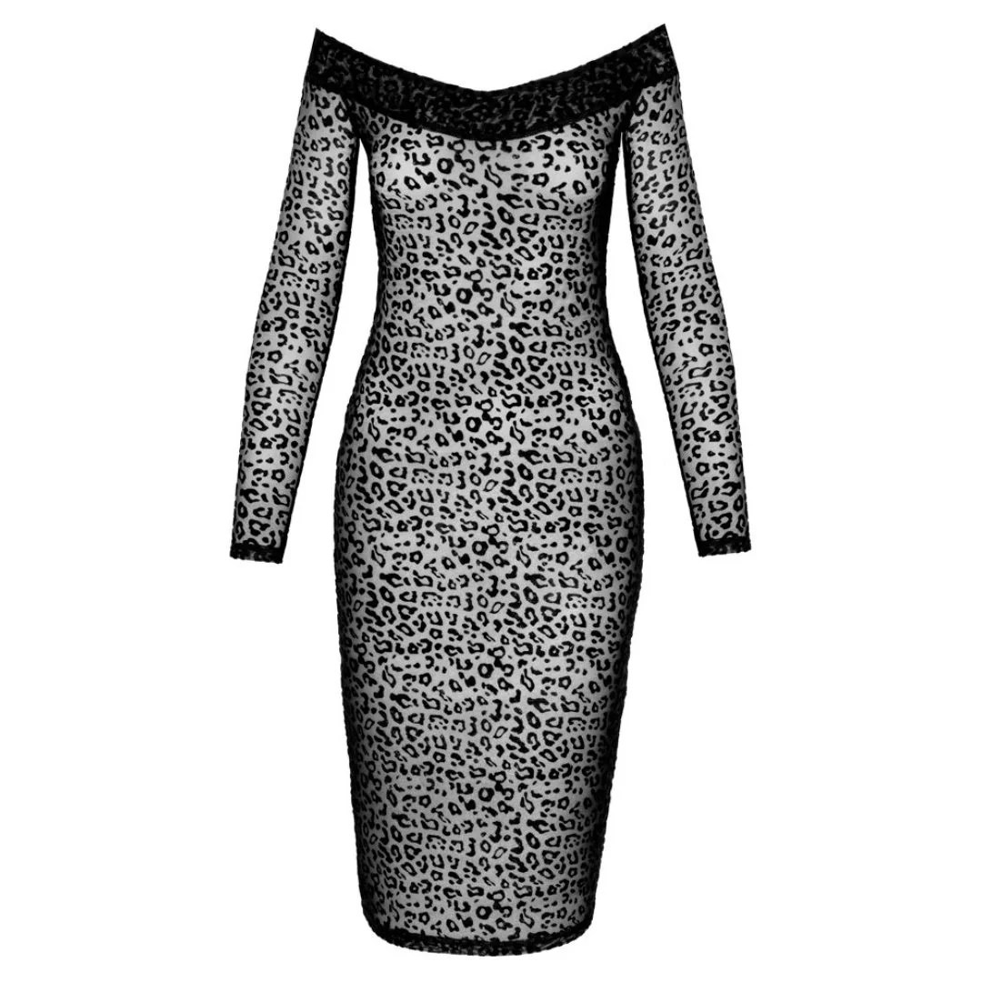 Langarmkleid mit Carmenausschnitt und Leoprint