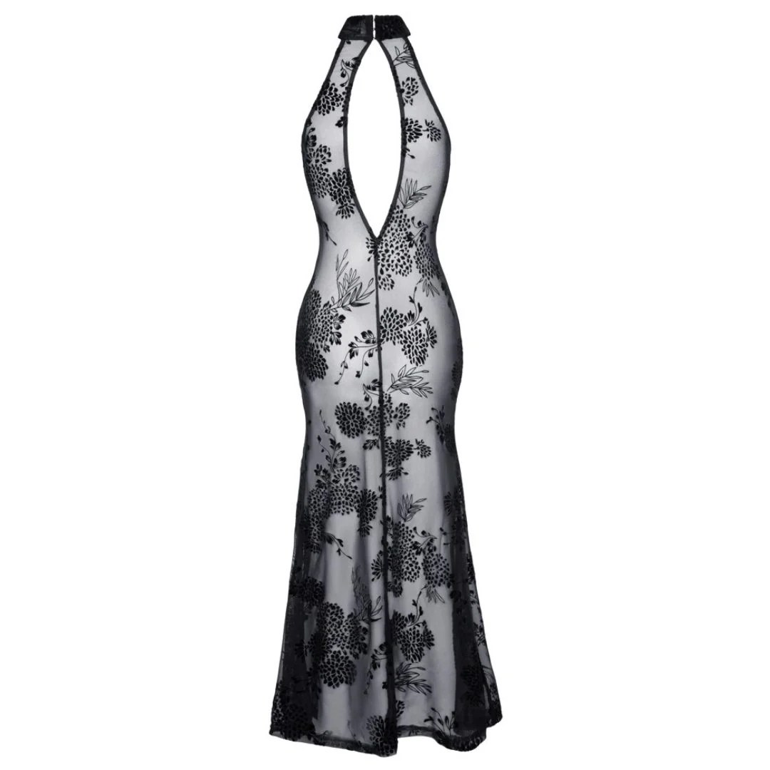 Langes, transparentes Kleid mit Blüten-Samtflockprint