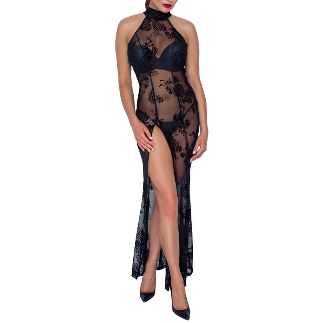 Langes, transparentes Kleid mit Blüten-Samtflockprint