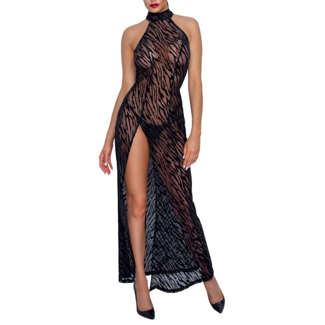 Langes Kleid mit Samtflockprint in Tiger-Optik
