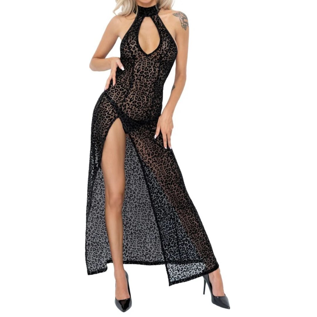 Langes Neckholderkleid mit Leoprint, S - SALE