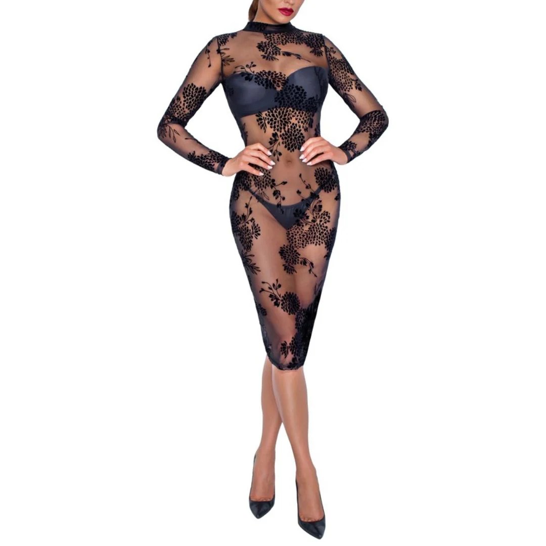 Langarmkleid mit Powernet und Blüten-Samtflockprint