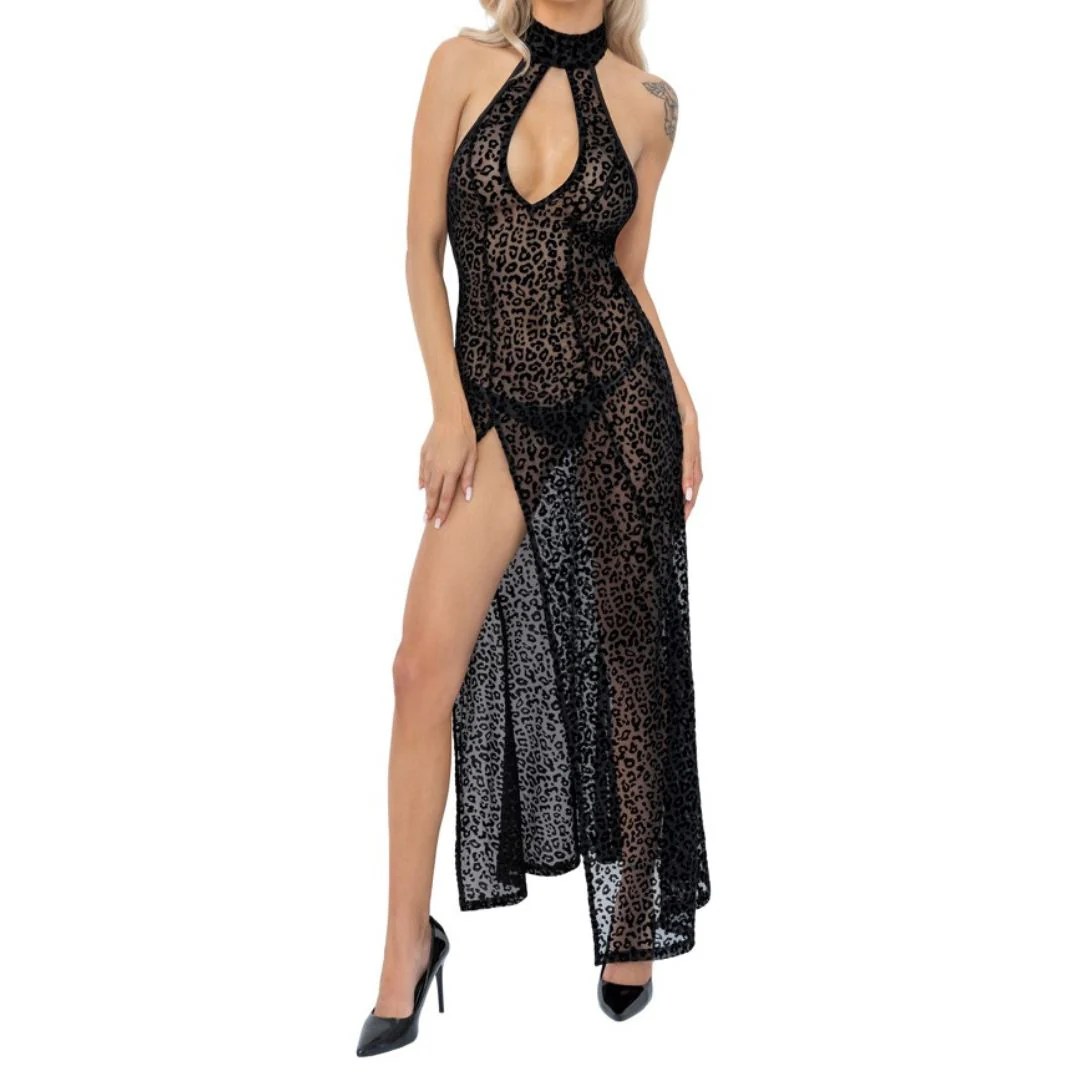 Langes Neckholderkleid mit Leoprint, S - SALE