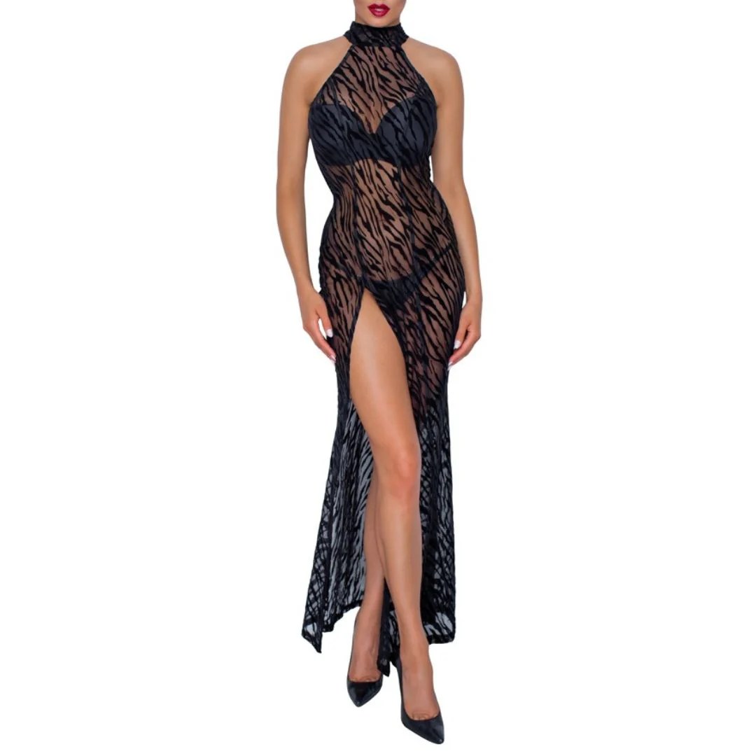 Langes Kleid mit Samtflockprint in Tiger-Optik