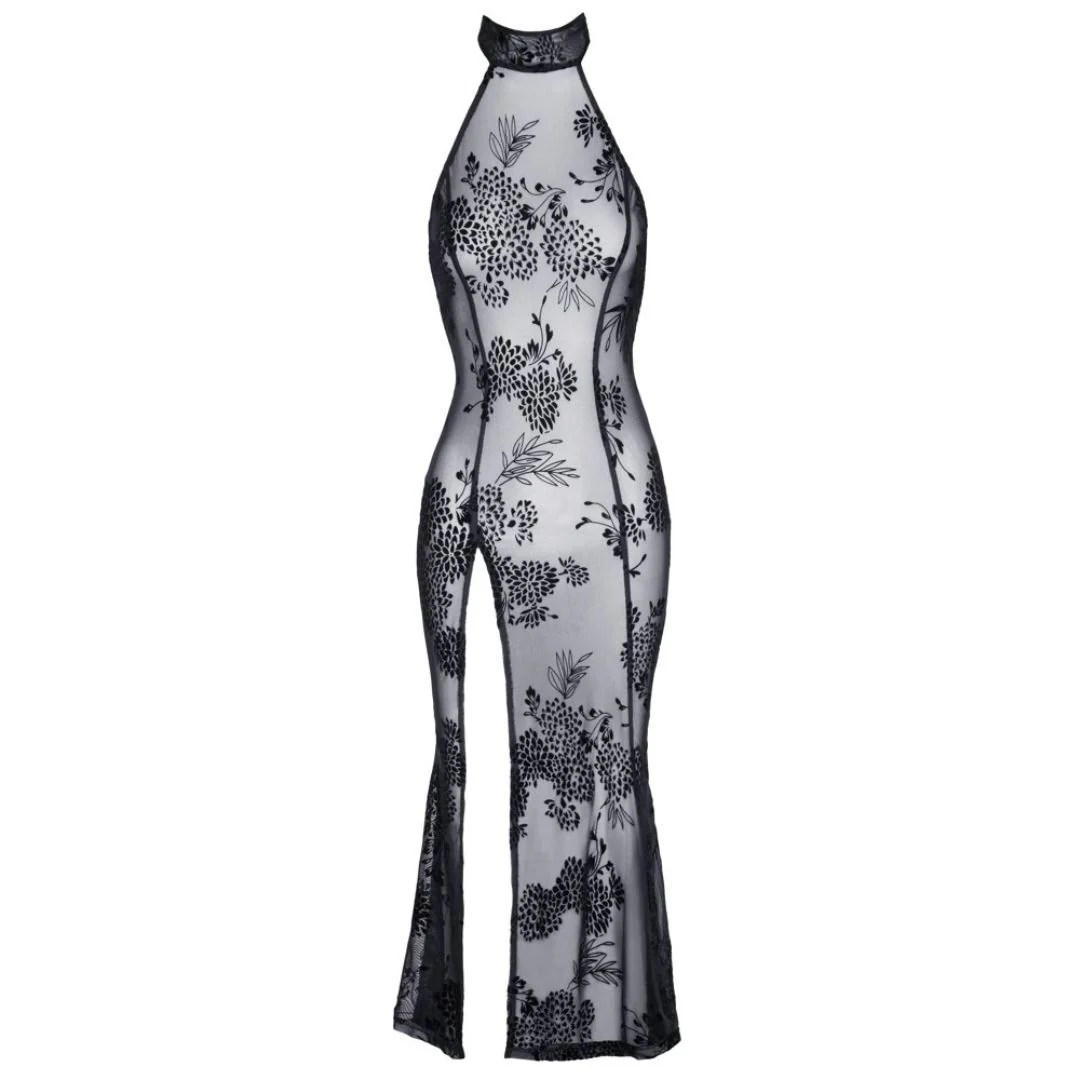 Langes, transparentes Kleid mit Blüten-Samtflockprint