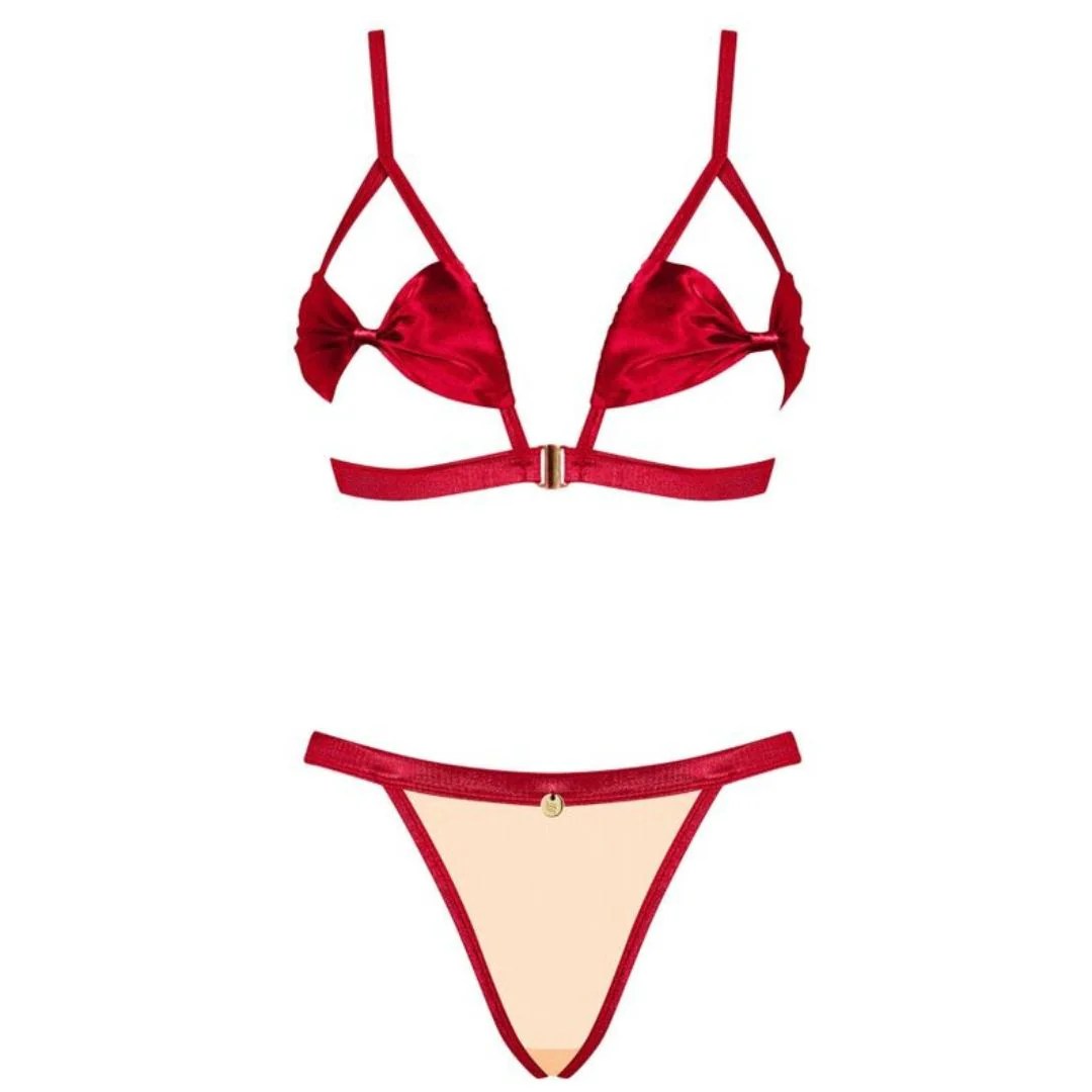 Schleifen-BH mit offenen Cups aus Satin plus String