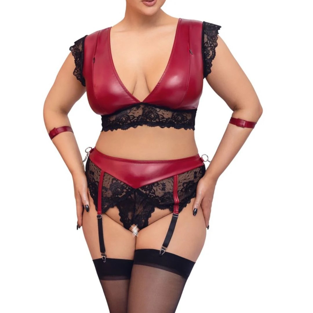 Bralette plus Highwaist-String ouvert im Mattlook mit Armfesseln