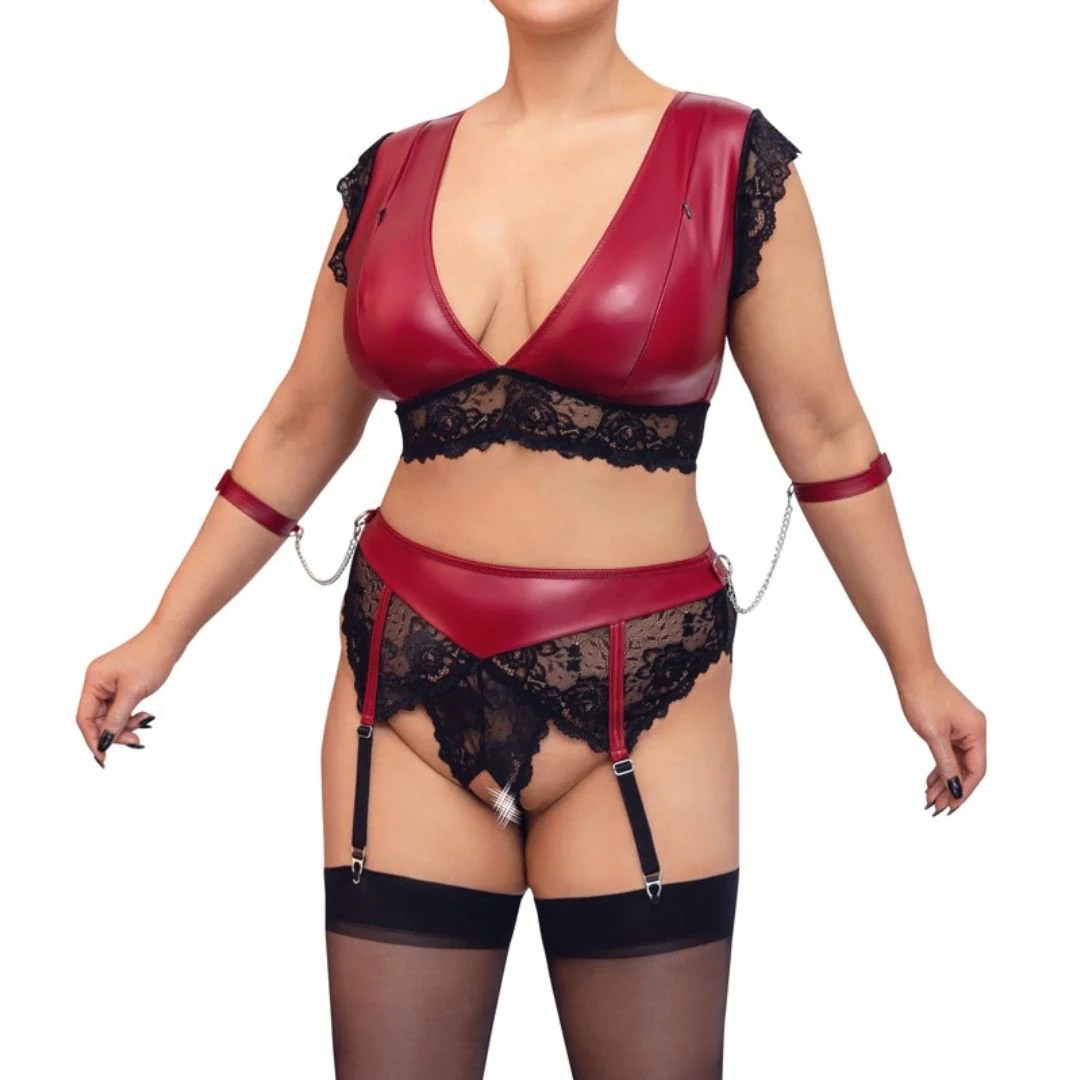 Bralette plus Highwaist-String ouvert im Mattlook mit Armfesseln