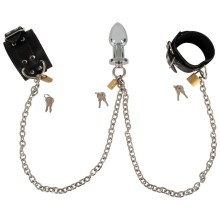 Handfessel-Set mit Analplug, Kette und 3 Schlösser Handfessel-Set mit Analplug, Kette und 3 Schlösser