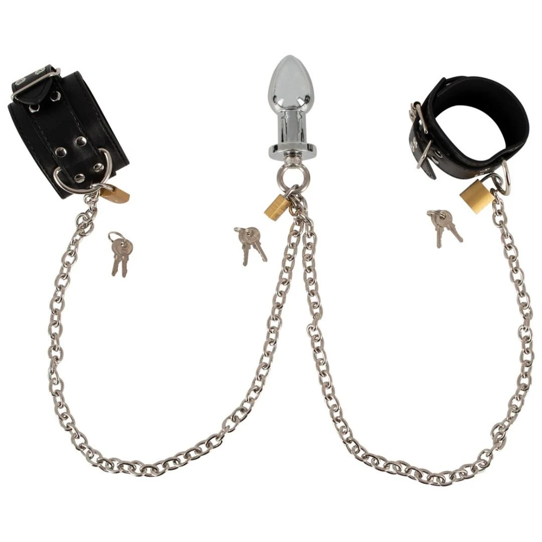 Handfessel-Set mit Analplug, Kette und 3 Schlösser