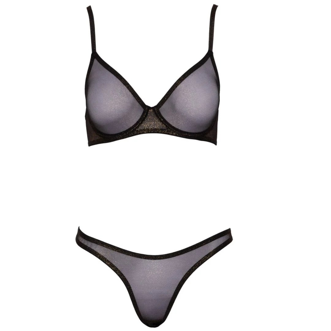 Bügel-BH plus Riostring aus Stretchnetz mit Goldschimmer