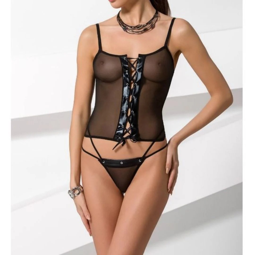 Korsett-Top aus Mesh mit Wetlook Schnürung plus String