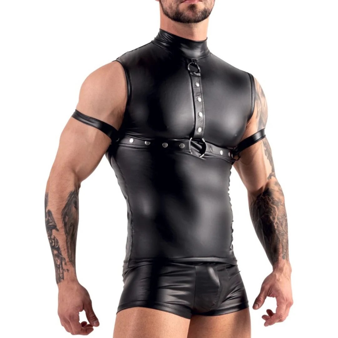 Ärmelloses Shirt im Mattlook mit Harness und Armfesseln