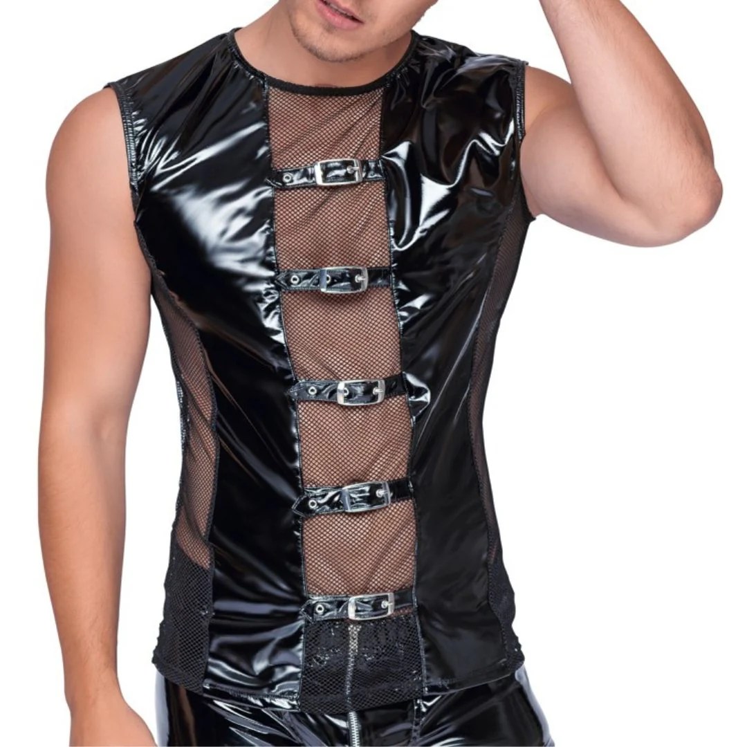 Ärmelloses Shirt aus bi-elastischem Lack und Netz