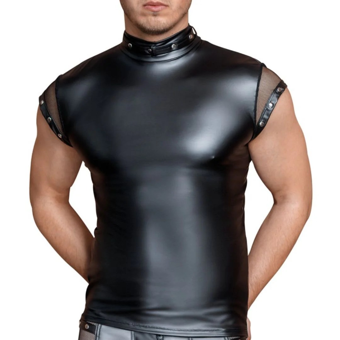 T-Shirt im Mattlook mit kurzen Netz-Ärmeln und kleinem Kragen