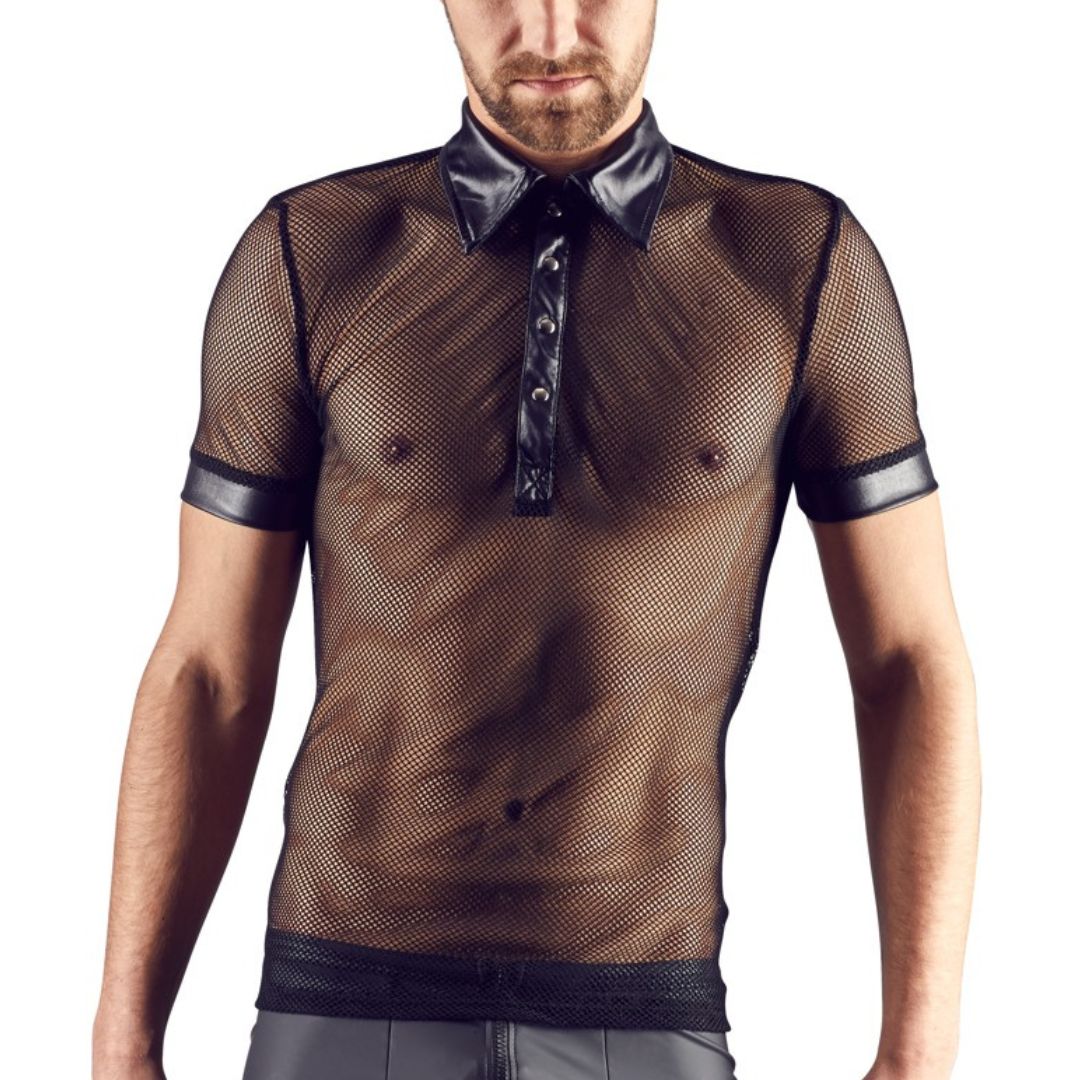 Hemd aus Netz und Wetlook mit Polokragen und kurzen Ärmeln