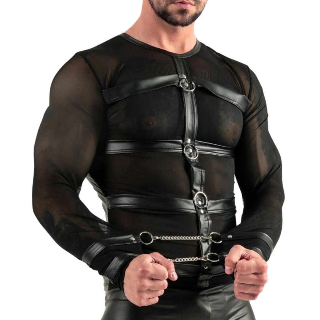 Langarm-Shirt aus Powernet und Mattlook mit Harness und Handfesseln