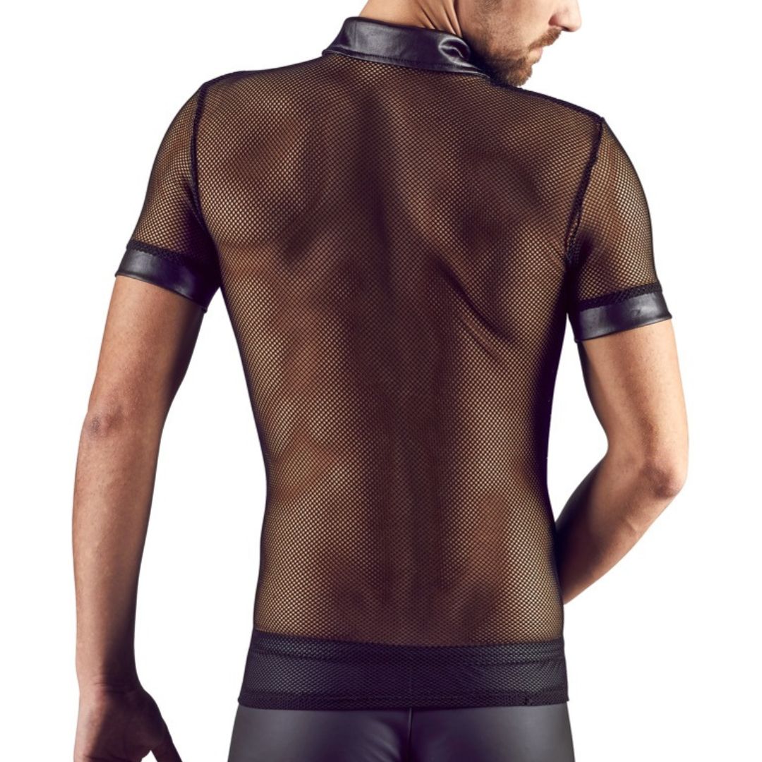 Hemd aus Netz und Wetlook mit Polokragen und kurzen Ärmeln