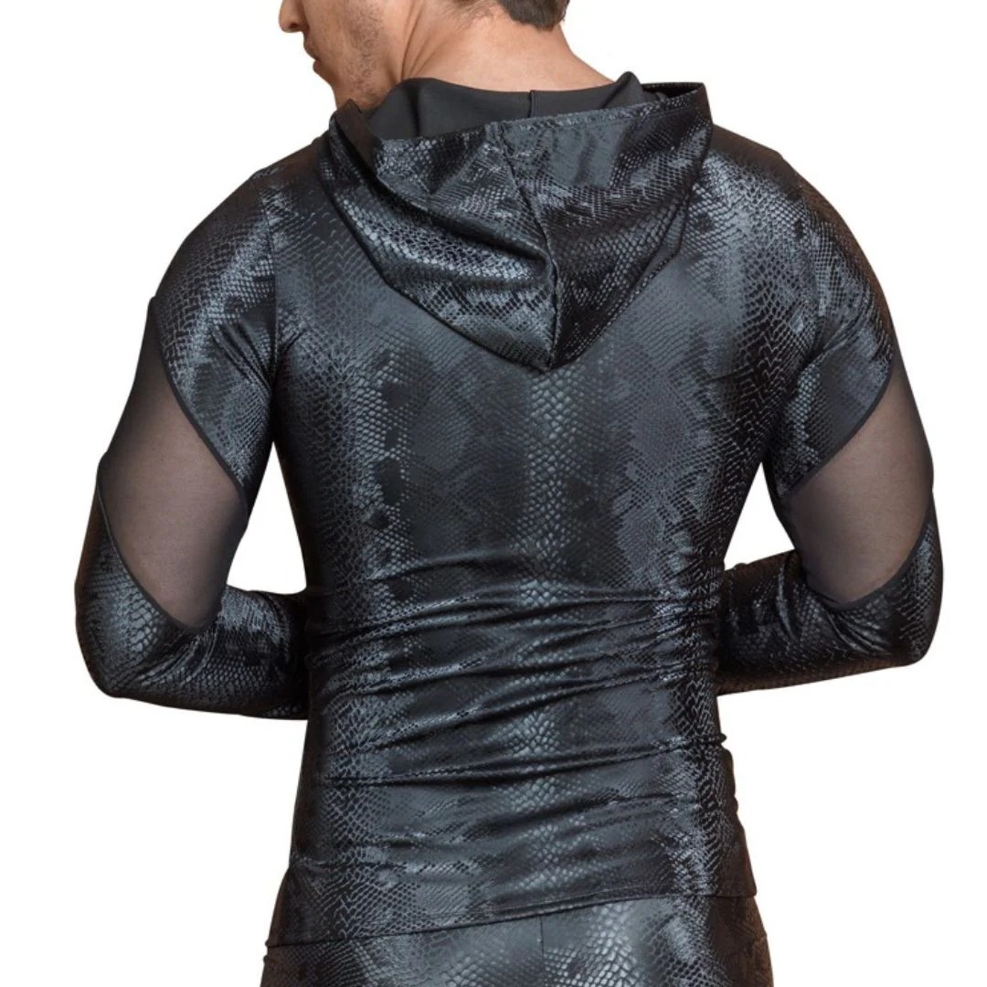 Langarm-Shirt in mattglänzender Schlangenhaut-Optik und Kapuze