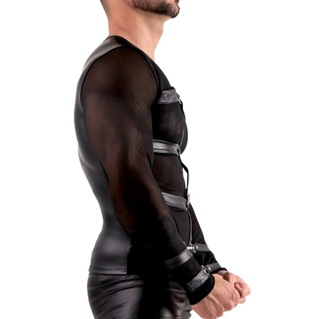 Langarm-Shirt aus Powernet und Mattlook mit Harness und Handfesseln