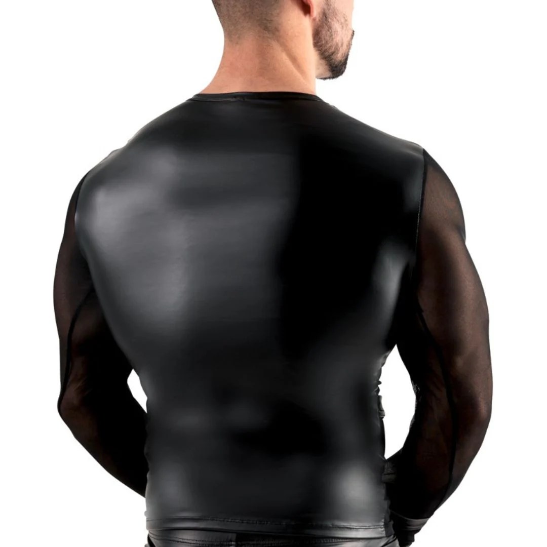 Langarm-Shirt aus Powernet und Mattlook mit Harness und Handfesseln