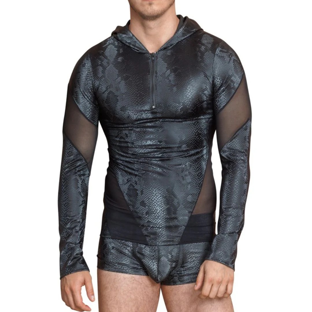 Langarm-Shirt in mattglänzender Schlangenhaut-Optik und Kapuze